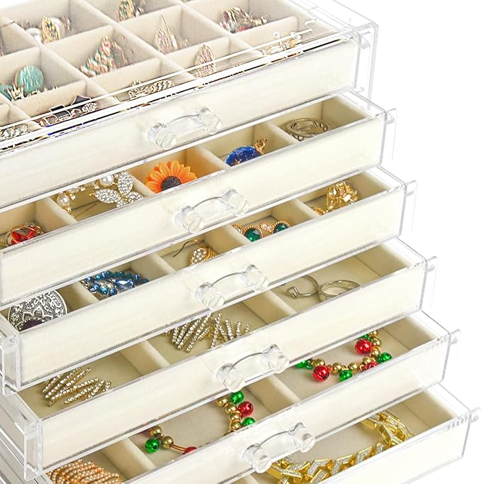 Watpot Acrylic Jewelry Box with 6 Drawers, Beige