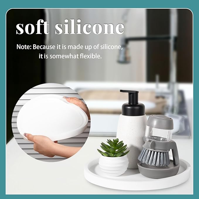 Silicone Bathroom Tray Round Vanity Tray Decorative Soap Holder Kitchen Countertop Organizer Coffee Table Decor for Candle, Perfume, Plant, 9 Inch, White