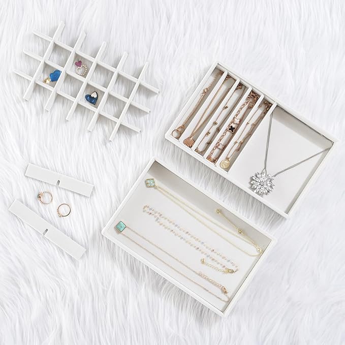 ProCase Stackable Jewelry Organizer Trays for Drawers, Jewelry Drawer Inserts Container Display Case Storage for Earring Necklace Rings Bracelet with Removable Dividers -Warmwhite, 6 Layers