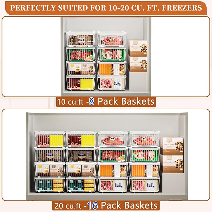 Large Freezer Organizer Bins，Upgraded Bottom Leak-Proof net，2 Pack， Expandable Stackable Chest Freezer Containers with Handle，for Fridge, Deep Freezer, Cabinet, Kitchen, Pantry (White-2Pack)