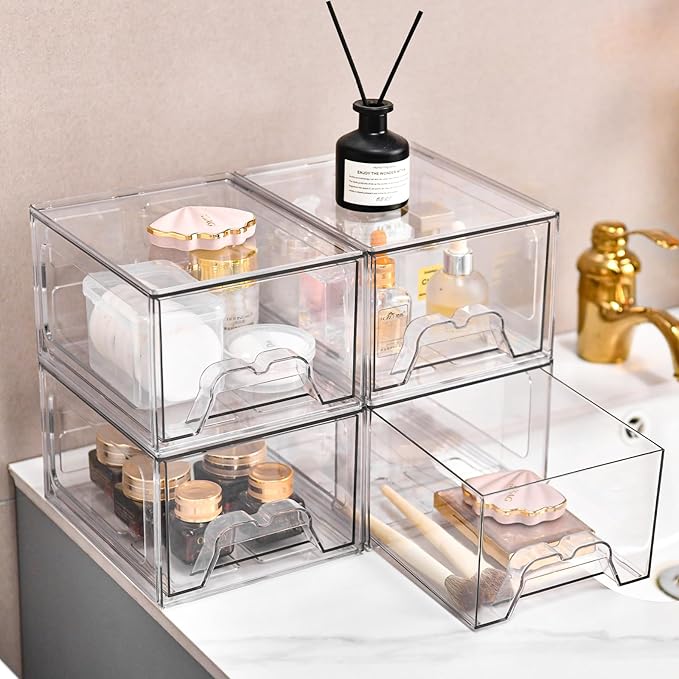 Plastic Drawers Storage, 4 Pack Clear Stackable Storage Drawers