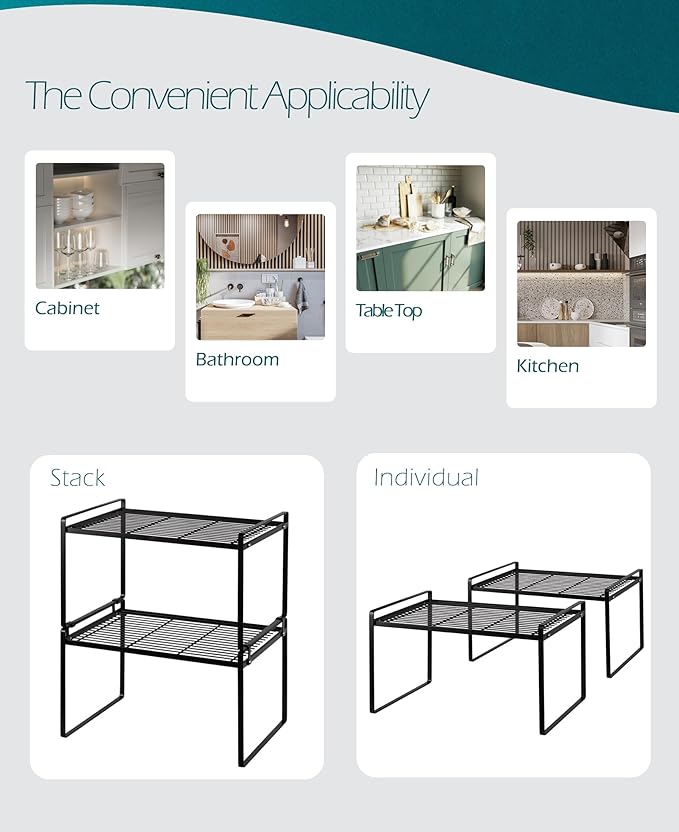 Shantton 2Pack Kitchen Cabinet Shelf Counter Organizer Rack Pantry Storage Bathroom Bedroom Office Table Desk Space Saving Stackable Rust Resistant Non Slip Black Tall Wide L16.1in W10.6in H9.5in