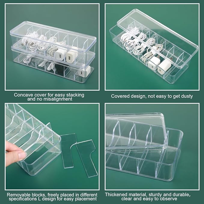 Cable Organizer Box with Lid, 3 Pcs Clear Cord Storage Organizer with 30 Cable Ties 62 Cable Labels, Charger Organizer for Office Desk Drawer Organizers and Accessories