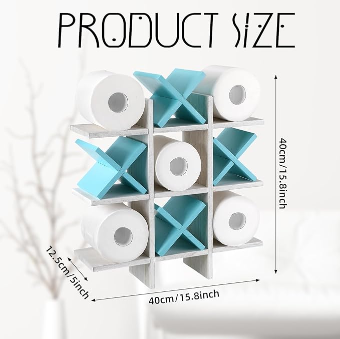 Weysat Tic Tac Toe Toilet Paper Holder Stand Bathroom Wall Decor Rustic Wooden Hanging Storage Freestanding Wall Mounted Shelves Decor for Toilet Tissue Farmhouse