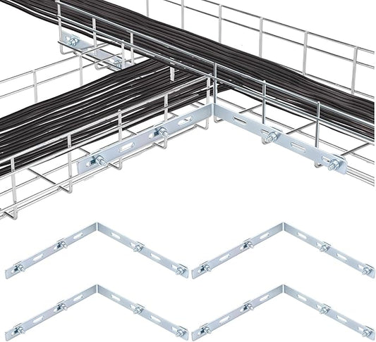 Zonon 4 Pcs Wire Mesh Cable Tray Corner Bar L Type Cable Tray Corner Bar Kit, Galvanized Splice Connection Hardware for Network, Fiber Optic, Cabling
