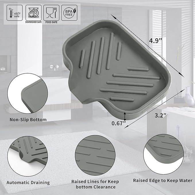 MicoYang Silicone Soap Dish with Drain Spout — Self-Draining Sink Organizer Tray for Bathroom & Kitchen, Holds Bar Soap, Sponges & Dispensers, Non-Slip & Dishwasher Safe, Grey (Small, 4.9"×3.2")