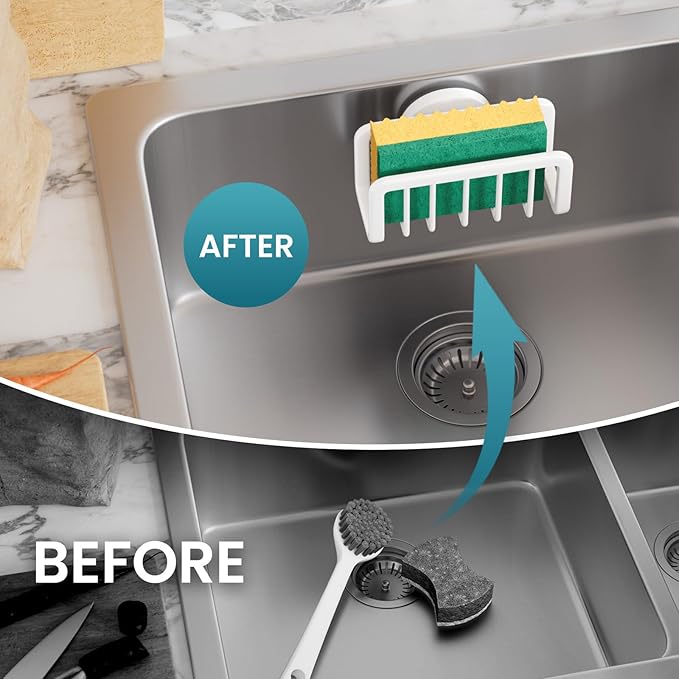 TAILI Sponge Holder for Kitchen Sink with Strong Suction Cup, Rustproof Aluminum Sink Caddy for Sponges, Removable Sponge Holder, Dish Brush for Scraper - Gold