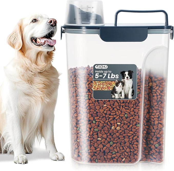 5-7LBS Upgraded Large Nozzle Cat Dog Food Storage Container BPA-free, Airtight Pet Food Storage Bin with 4 Lock Buckles, Sealing Gasket, Cup for Pet Food, Dog Treats, Rice, Flour, Dry- Dark Blue