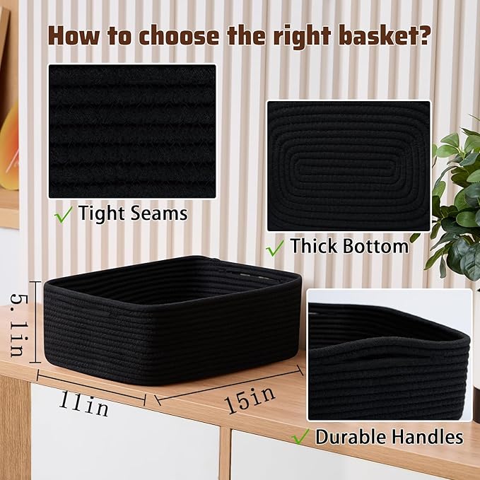 MiniArk Large Shallow Organizing Baskets 15x11x5.1 Inches - Rope Woven Storage Bins for Bathroom, Shelves, Cube Closet, Black 4 Packs