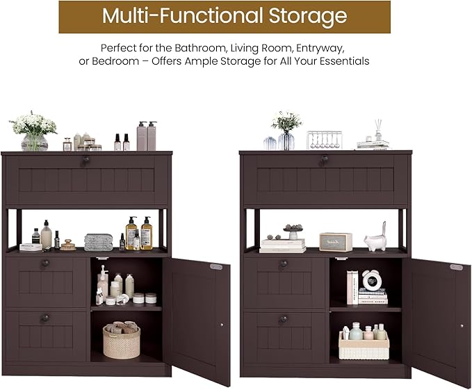 GRUSIGN Bathroom Cabinet, Modern Bathroom Floor Storage Cabinet Organizer with 1 Door and 3 Drawers, Freestanding Cupboard for Kitchen/Living Room Use