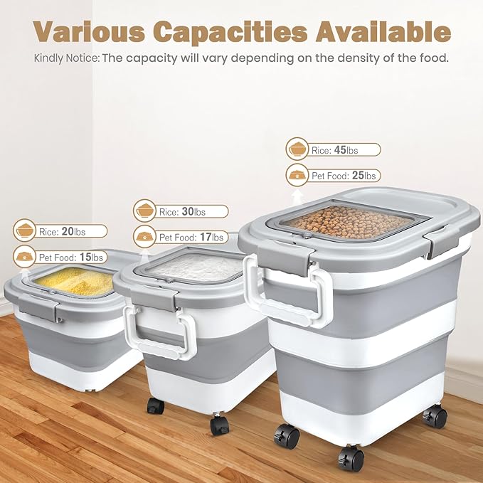 Komzon Rice Storage Container, Collapsible Airtight Food Storage Containers 6-20 Lbs, Rice Dispenser Bin with Cup and Scoop for Flour Cereal Pasta Grain, Cat Bird Pet Dog Food Storage Container