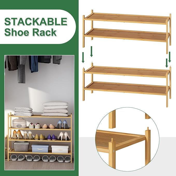 kiplant Long Shoe Rack, 4-Tier Bamboo Wood Shoe Rack, Stackable for Closet, Entryway & Hallway