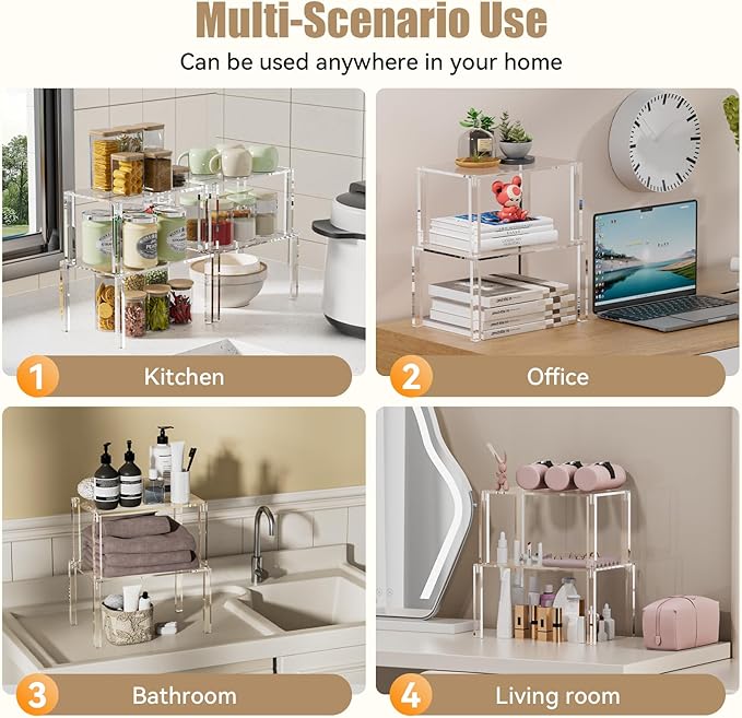 YUNEASELF Clear Cabinet Organizer: Acrylic Shelf Riser Set of 4 for Kitchen Pantry Organizers and Storage - Countertop Spice Rack for Cabinet - Stackable Display Shelf Decor for Gift