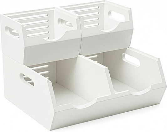 Stackable Solid Wood Storage Bins for Kitchen Pantry & Countertop, White