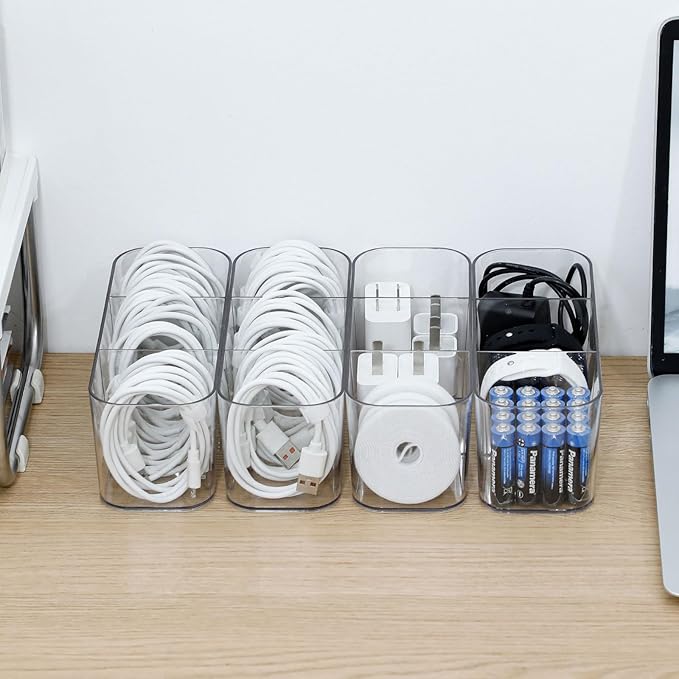 4 Pack Cord Organizer Box for Desk Drawer, Plastic Cable Storage Case with Wire Ties, Clear Home Office Supplies Container for Phone Charger, Art Crafts and bathroom Accessories