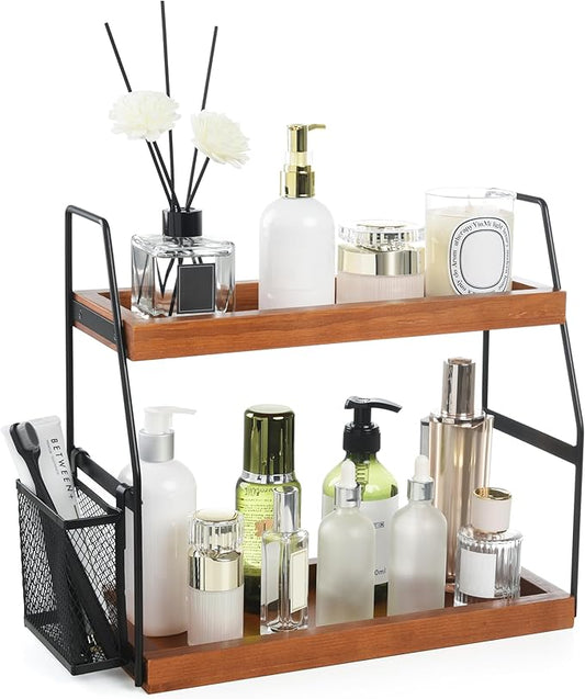 Bathroom Counter Organizer, 2-Tier Standing Storage Shelf with Basket, Brownish