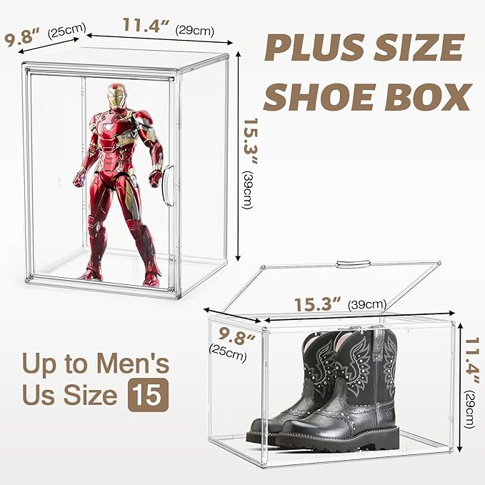 XX-Large Acrylic Display Case for Boots and Collectibles, Clear Stackable Boot Storage Box with Magnetic Door, XXL Shoe Storage Organizer for Cowboy Boots, Barbie Dolls, Hats and Display Items