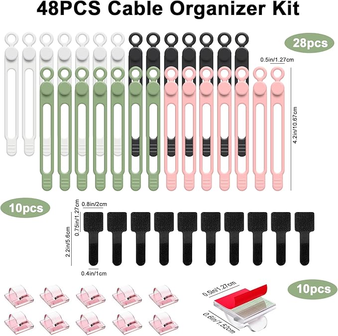 48Pcs Silicone Cable Ties, Elastic Cord Ties for Cable Organizer