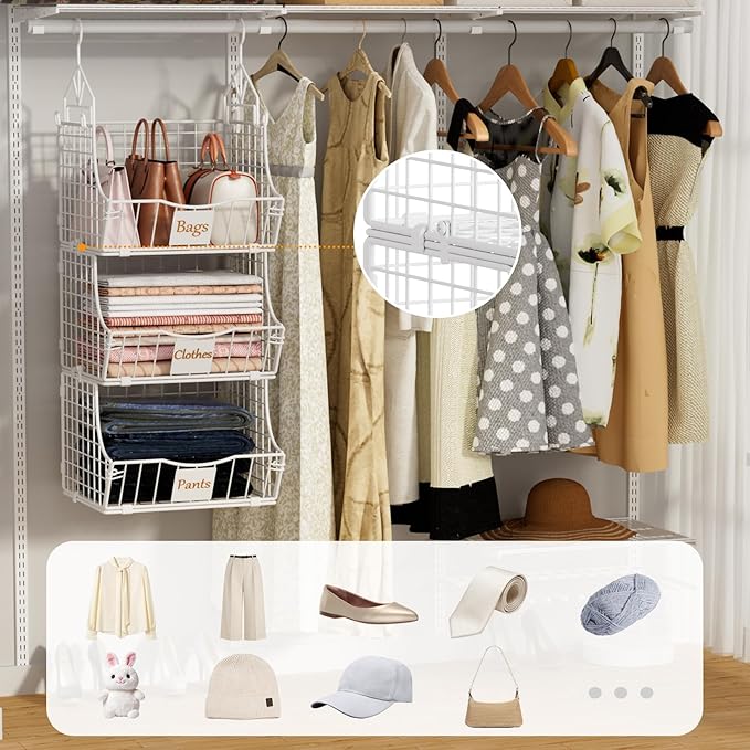 Hanging Closet Organizers and Storage, 3 Tier Closet Shelf Clothes Organizer with 2 S-Hooks, Multi-Functional Iron Wire Baskets, for Clothing, Sweaters, Handbags, Hat, Canned