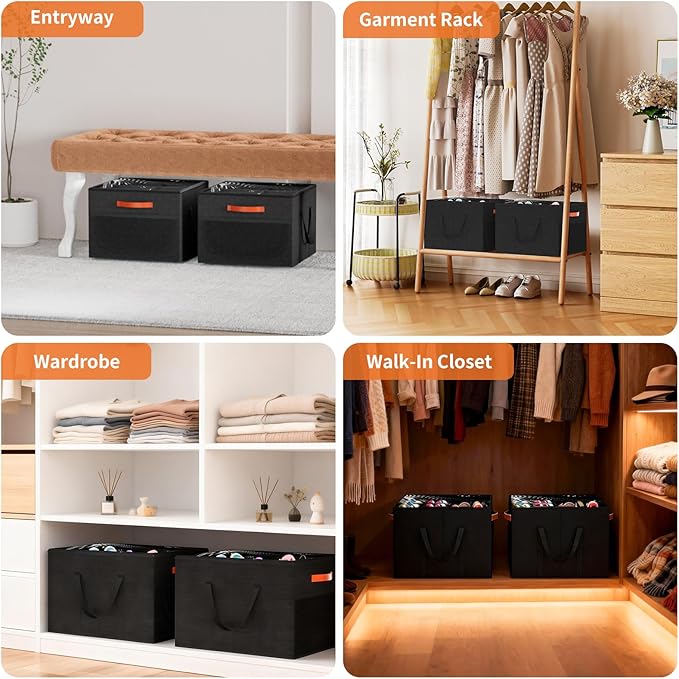 Aokeyee 2 Pack Shoe Organizer for Closet, Foldable Shoe Storage Organizer Box w/Clear Cover and 4 Reinforced Handles, Space Saving Shoes Bin Fits up to 32 Pairs, Black