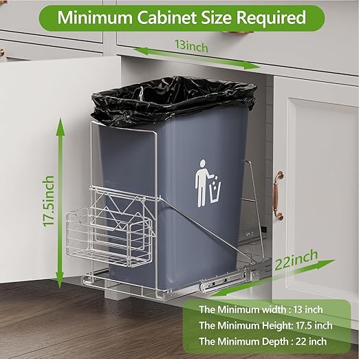LIONONLY Pull Out Trash Can Rack Under Cabinet, Under Sink Trash Can for 7-11 Gallon Trash Bin, Under Cabinet Trash Garbage Pull Out Kit w/Garbage Bag Holder(Not Include Can)