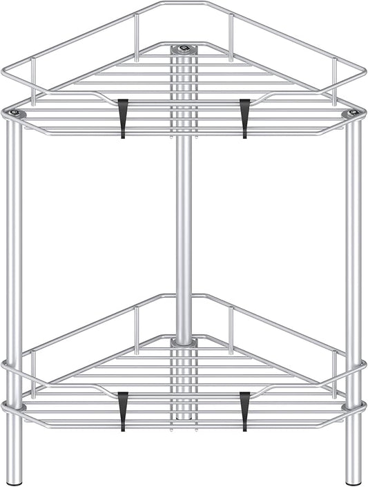 2 Tier Floor Standing Corner Shower Caddy Organizer Shelf with Hooks, Silver
