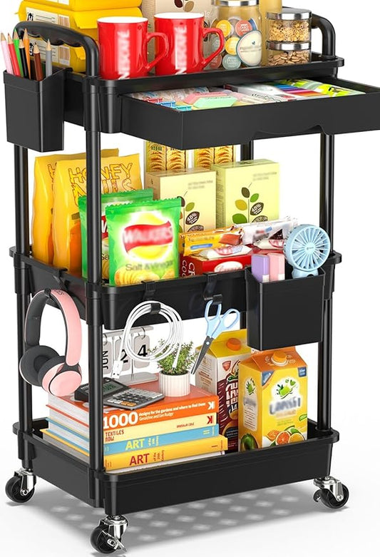 3 Tier Rolling Cart with Drawer, Black