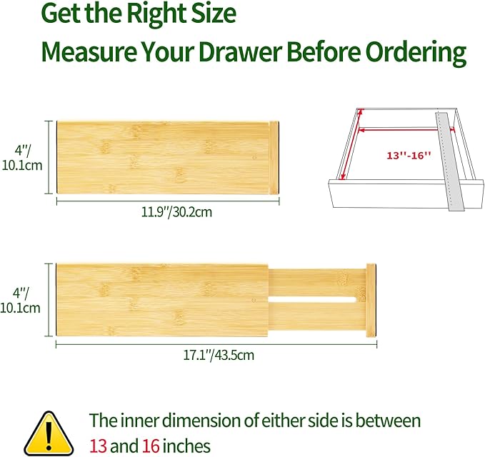VaeFae 3 Pack Bamboo Drawer Dividers, 4" High Adjustable 11.9-17.1" Clothes Drawer Organizers, Expandable Separators for Bedroom/Bathroom/Kitchen/Office Storage