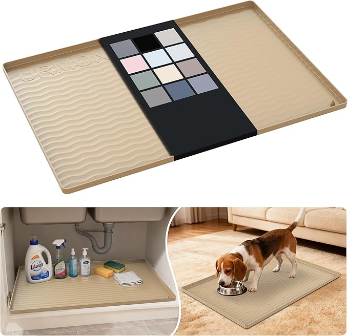 Waterproof Silicone Under Sink Mat 28'' x 19'' Shelf Liner for Kitchen, Khaki