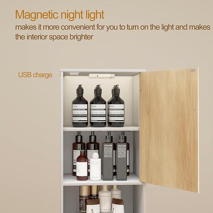 Tall Storage Cabinet, 13.15 Inch Narrow Bathroom Cabinet with USB Magnetic Light, Open Shelf, Magnetic Doors, 2 Adjustable Shelves, Anti-Tip Kit for Small Spaces, Living Room, White, 57.1" H