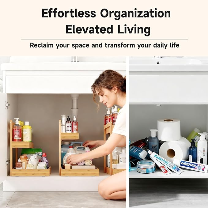 Bamboo Undersink Organizer Storage - 2-Tier Cabinet Shelf with Adjustable Levels, Under Sink Storage Slide Out for Cabinet Pantry Kitchen Bathroom (Natural)