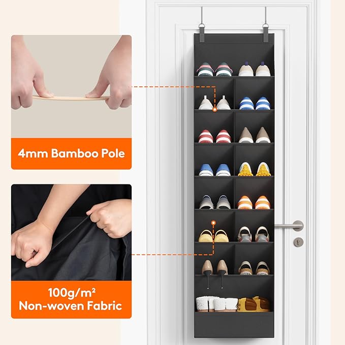8 Tier Over the Door Shoe Organizer with 15 Large Deep Pockets, Black