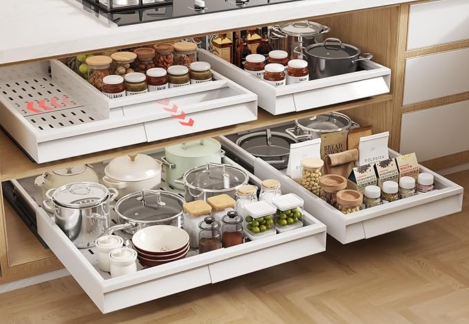Seinloes Pull Out Cabinet Organizer, 4-Side Expandable to Fit Most Cabinets, 3 Rail Slide Out Drawers with Raising Pad for Framed & Frameless Cabinets, 13"-21" W x 17"-24" D, White, 4 Pack