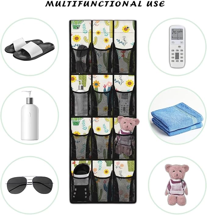 Over The Door Organizer, Cactus 4 Shelf Hanging Storage Organizer with 12 Clear Mesh Shoe Organizer Door Hanger Closet Hanging Rack for Shoes for for Apartments Dorms