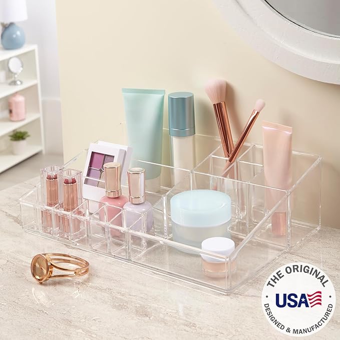 Audrey Clear Vanity Makeup Organizer, 15-Compartment Holder for Brushes