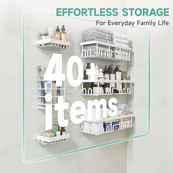 Veken 6-Pack Rustproof&Waterproof Shower Caddy, Adhesive Shelves Rack with Soap Holder, Large Bathroom & Washroom Organizer, No Drilling Wall-Mounted Kitchen&Home Decor,Ideal for Bathtub Storage,White
