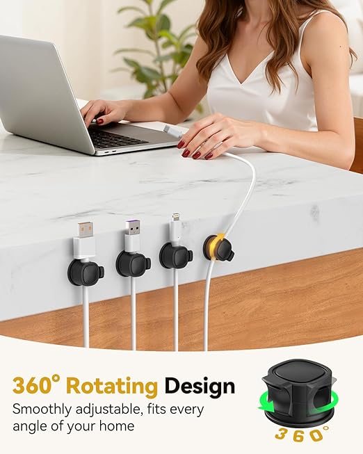 INCHOR Rotatable Cord Organizer 6Pack, Spring Cable Clips With Clasp Lock, No-Residue Adhesive Cable Organizer, Cord Holder for Nightstand Car Home Office (Black)