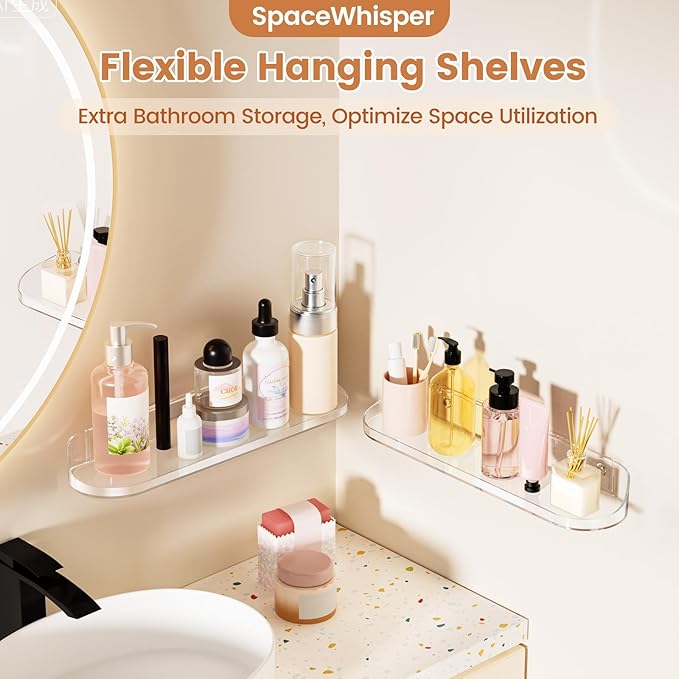 SpaceWhisper Floating Shelves for Wall, 8-Pack 15" Wall Shelves for Bathroom, Bedroom, Kitchen, Living Room, Display Hanging Shelf Organizer for Book, Picture Ledge, Figure Storage, Room Decor (Clear)