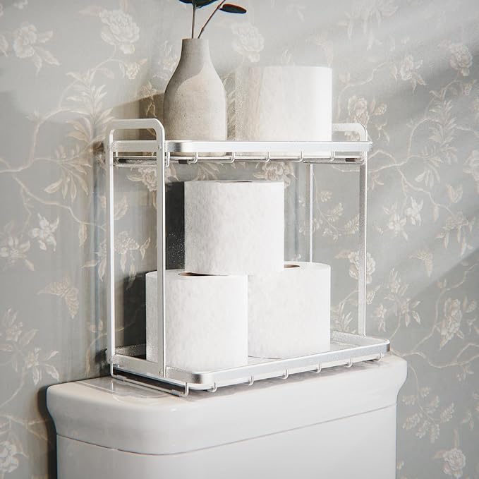 Counter Organizer for Bathroom, Kitchen or Coffee Bar, Metal Shelf with Faux Marble, Vanity Countertop Makeup Storage, Dresser Perfume Display Rack, Toilet Tank Tray (Matte Nickel, 2-Tier)