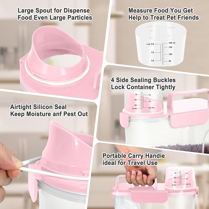 5-7LBS Upgraded Large Nozzle Cat Dog Food Storage Container BPA-free, Airtight Pet Food Storage Bin with 4 Lock Buckles, Sealing Gasket, Cup for Pet Food, Dog Treats, Rice, Flour, Dry-Pink
