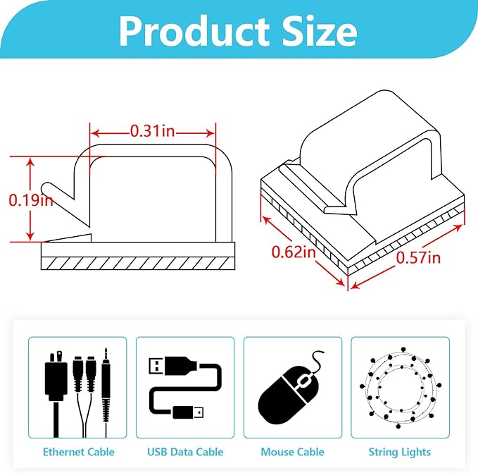 Abnii 100PCS Cable Clips, Adhesive Wire Clips Organizer Cord Clips Management, Cable Staples Outdoor Strong for Wall, Desk, Christmas Lights, String Lights, TV PC Ethernet Cable, Clear Small