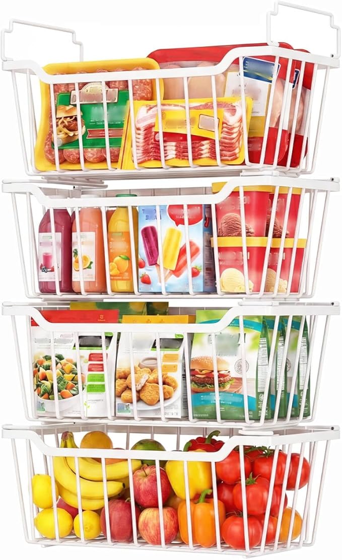 Goovilla Freezer Organizer Bins with Foldable Handle, 4 Pack Stackable Freezer Baskets for 3.5-7 Cu.FT Deep Chest Freezer Organization, White Metal Freezer Storage Bins with Better Space Utilization