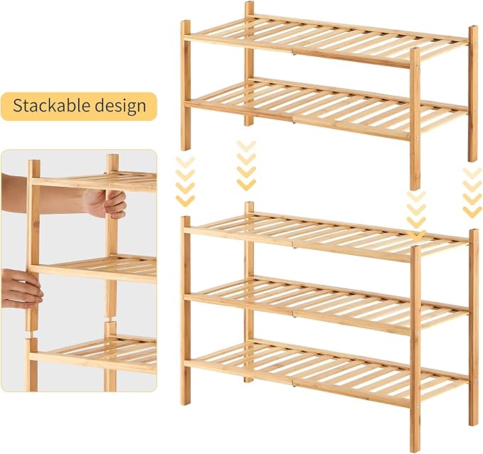 5-Tier Bamboo Shoe Rack for Entryway, Stackable | Heavy Duty | Multi-Function, Free Standing Shoe Racks for Bedroom Hallway Closet