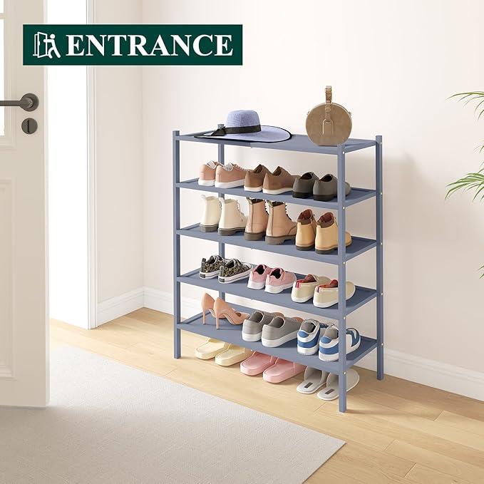 Smiry Bamboo Shoe Rack, 5 Tier Shoe Organizer for Entryway & Closet, Stackable Free Standing Storage Shelf for Shoes, Bags & Plants, Grey
