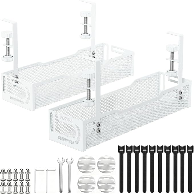 2Pack Under Desk Cable Management Tray, No Drill Mesh Desk Cable Tray, White