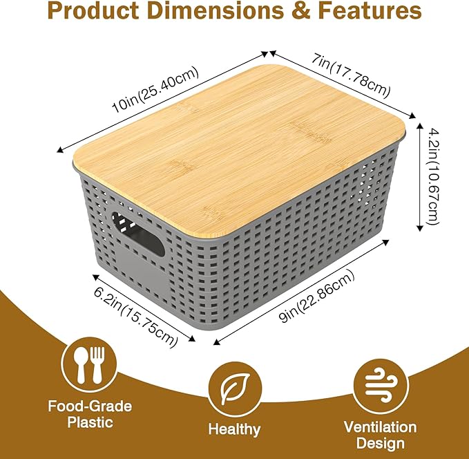 Stackable Storage Basket: Plastic Baskets Bins, Baskets for Organizing, Pantry Decorative Containers for Closets, Cabinets, Shelves(8 Pack, Grey)
