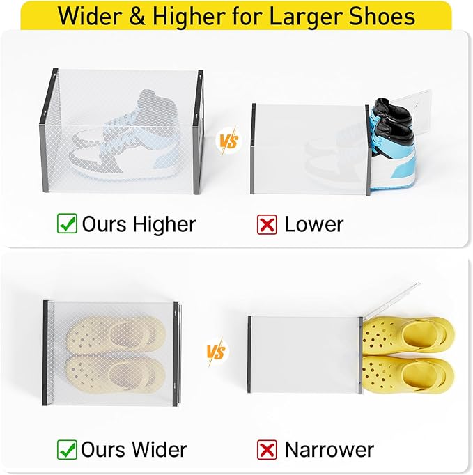 Kuject XL Shoe Boxes with Activated Charcoal, 12 Pack Stackable Plastic Clear Shoe Storage Boxes, Fresh Storage, Fits Men 11 Women 12, Sneaker Organizer Display Case for Closet, Entryway, Black
