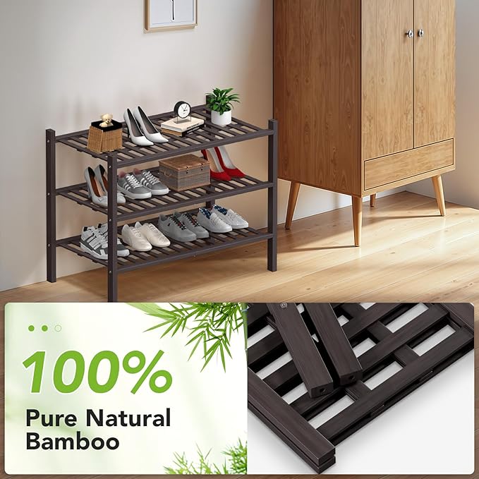 Haddockway Large 3 Tier Bamboo Shoe Rack Storage Organizer, Multifunctional Free Standing Stackable Shoe Shelf with Grid Panel for Closet,Hallway,Entryway,Small Space 27"x12"x21"