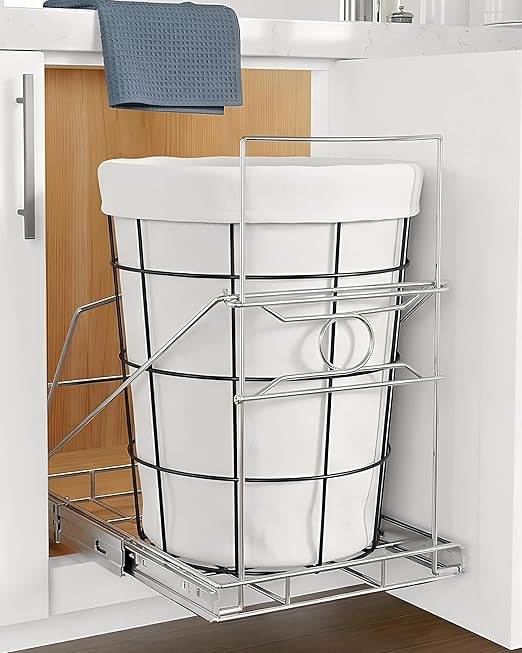 Pull Out Trash Can Holder, Adjustable Heavy Duty Cabinet Slide Out Kit for 7-11 Gallon Trash Cans, Under Sink Trash Can Rack with Smooth Ball Bearing Slides, Silver, Trash Can Not Included