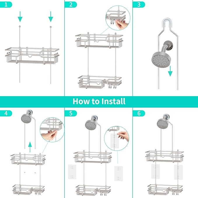 HapiRm Hanging Shower Caddy Organizer - Bathroom Organizer with 12 Hooks and Soap Holder, Rustproof Shower Shelf over Shower Head - Brushed Nickel
